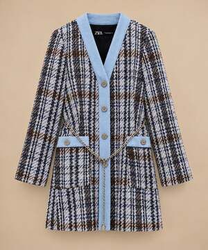 Zara Blue Tweed Blazer Dress Medium Chain Belt Denim Trim Preppy Chic